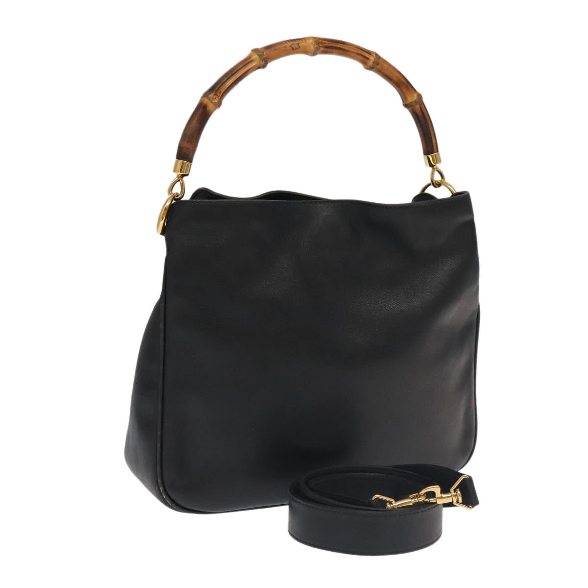 GUCCI Bamboo Hand Bag Leather 2way Black Gold Auth ac3453