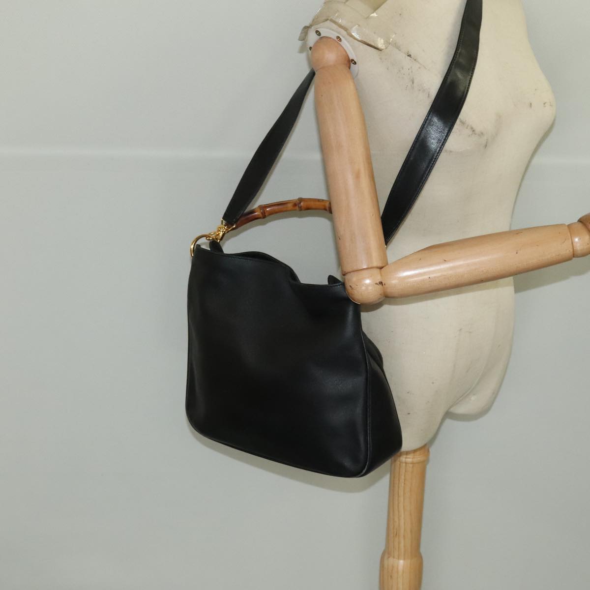 GUCCI Bamboo Hand Bag Leather 2way Black Gold Auth ac3453