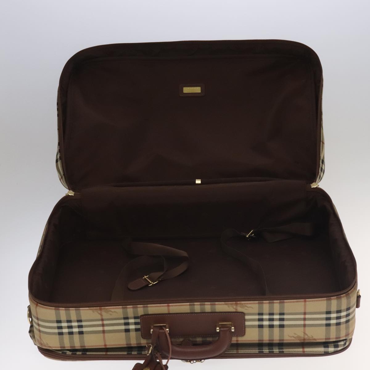 Burberrys Nova Check suitcase PVC Leather Beige Brown Gold Auth ac3494