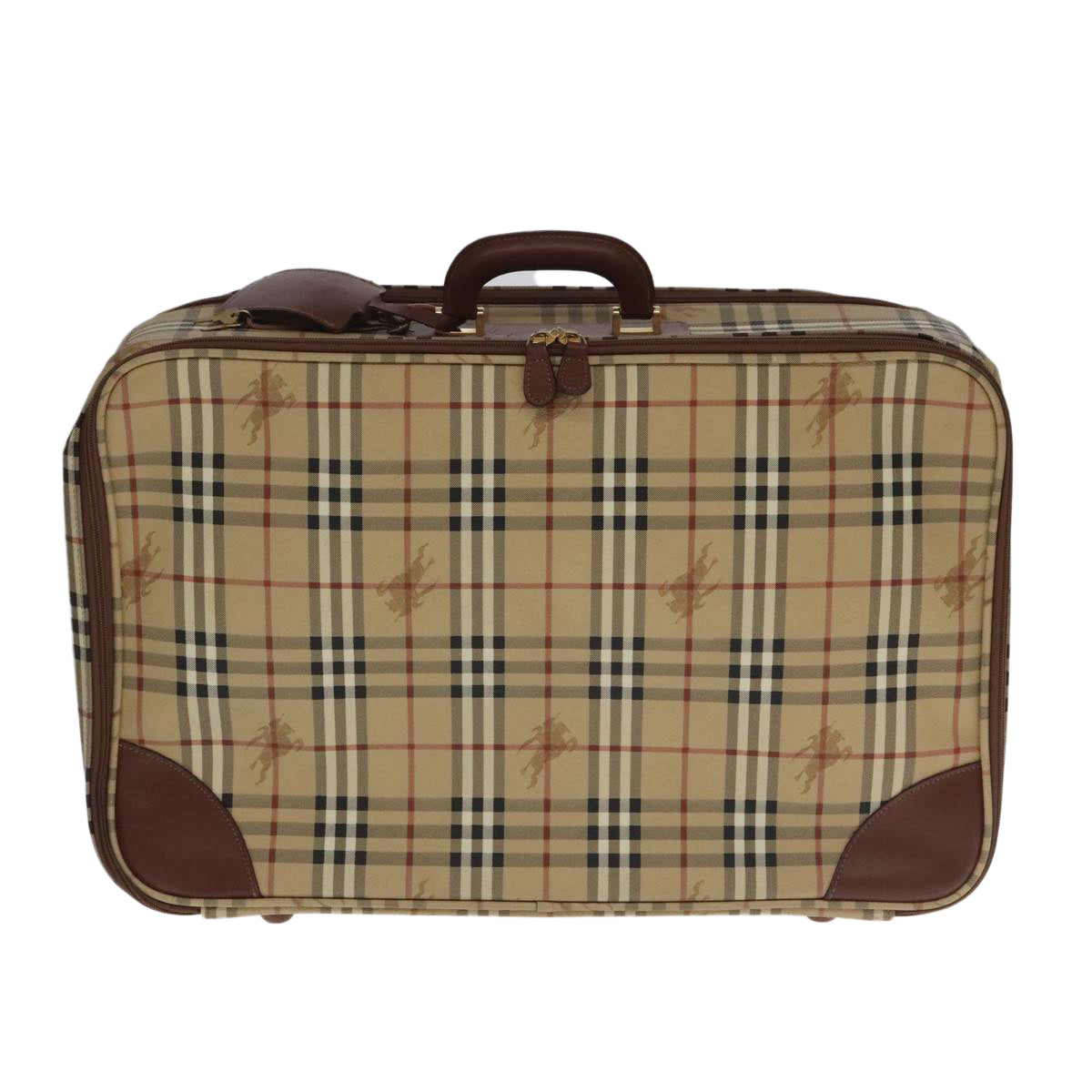 Burberrys Nova Check suitcase PVC Leather Beige Brown Gold Auth ac3494