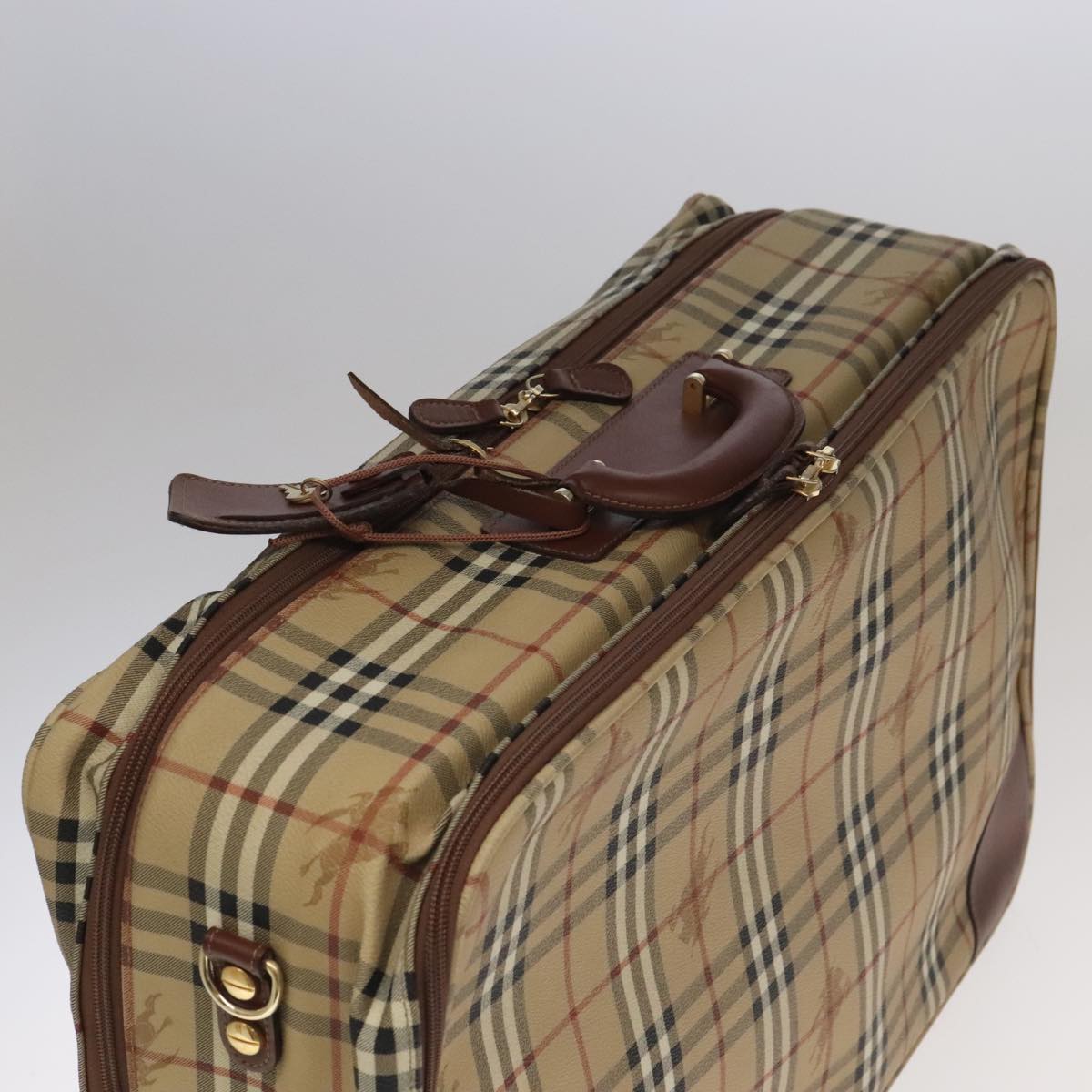 Burberrys Nova Check suitcase PVC Leather Beige Brown Gold Auth ac3494