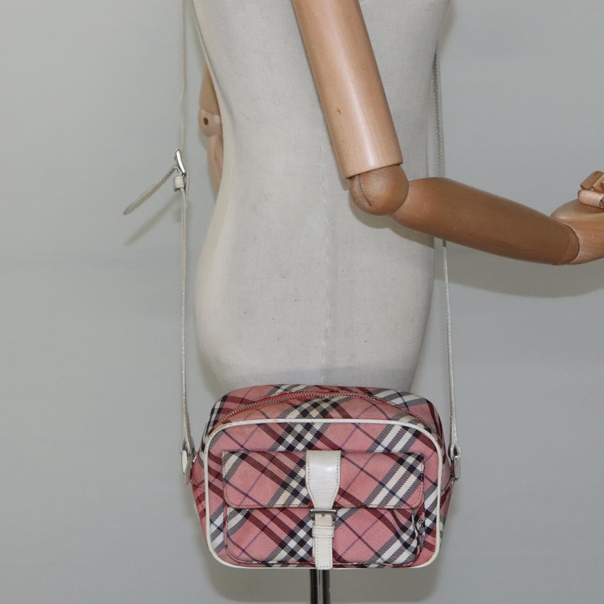 BURBERRY Nova Check Blue Label Shoulder Bag Nylon Pink Silver Auth ac3585