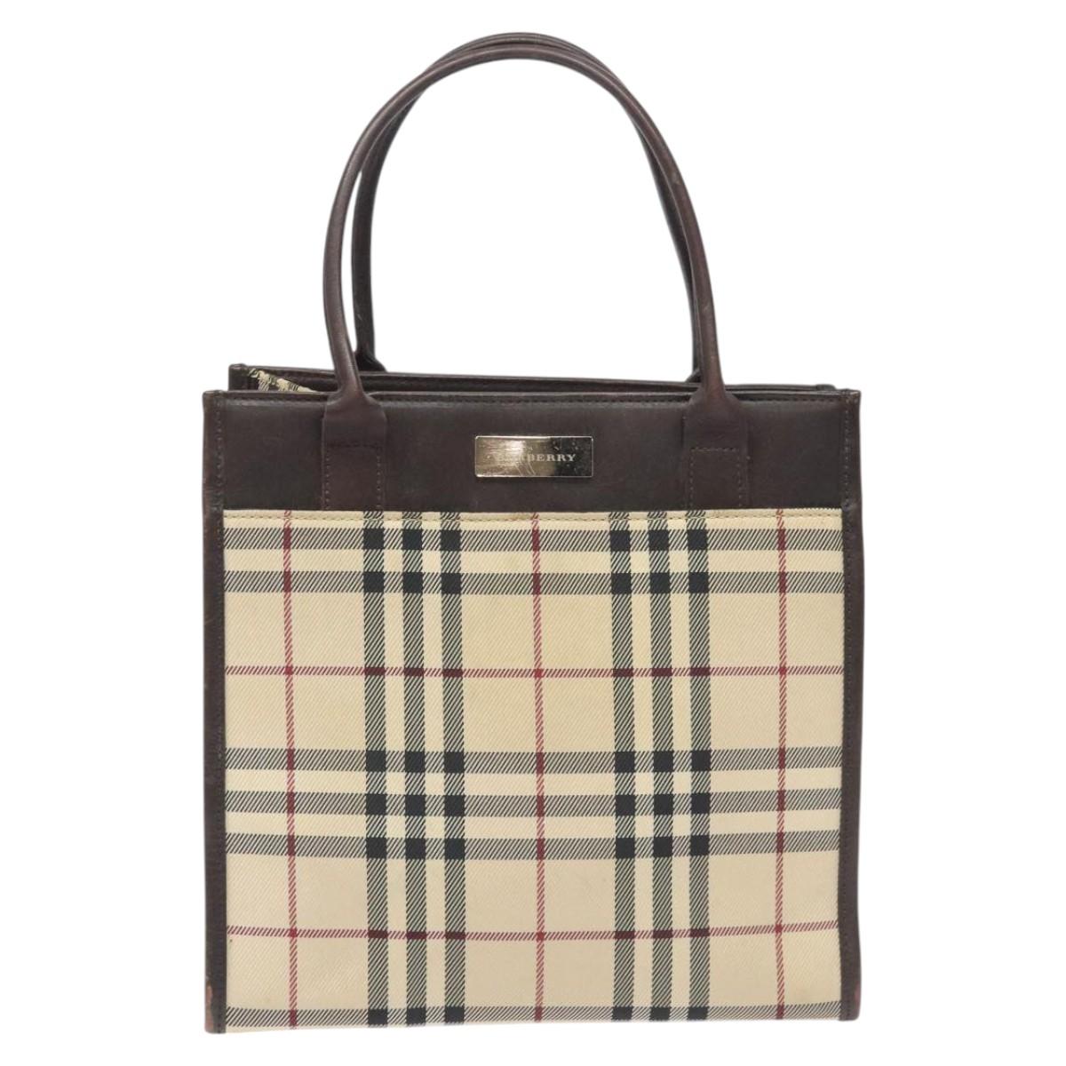 BURBERRY Nova Check Hand Bag Nylon Leather Beige Silver Auth ac3586