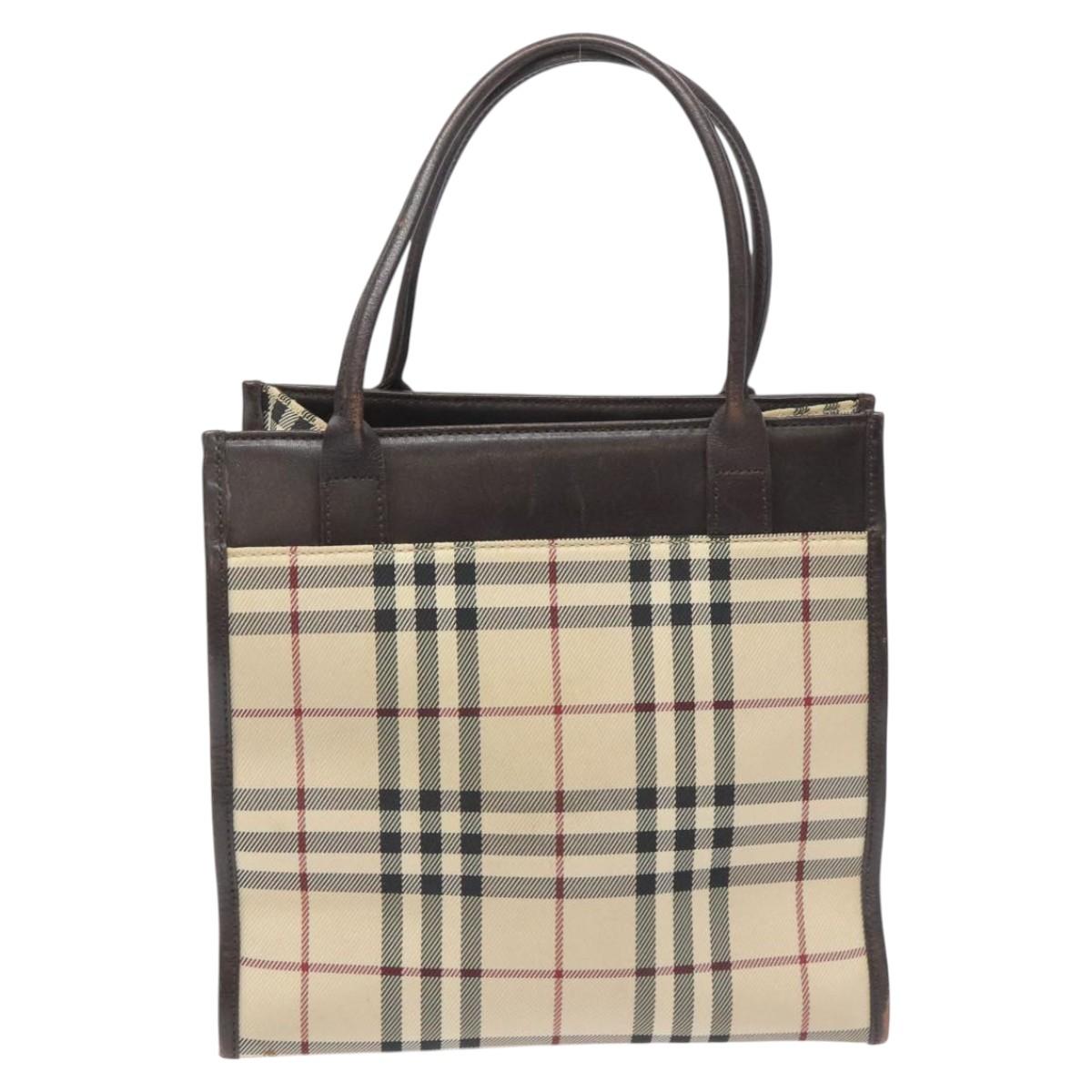 BURBERRY Nova Check Hand Bag Nylon Leather Beige Silver Auth ac3586