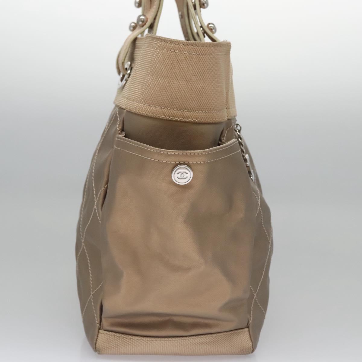 CHANEL Paris Biarritz MM Tote Bag Coated Canvas Gold Tone Silver CC Auth ac3593