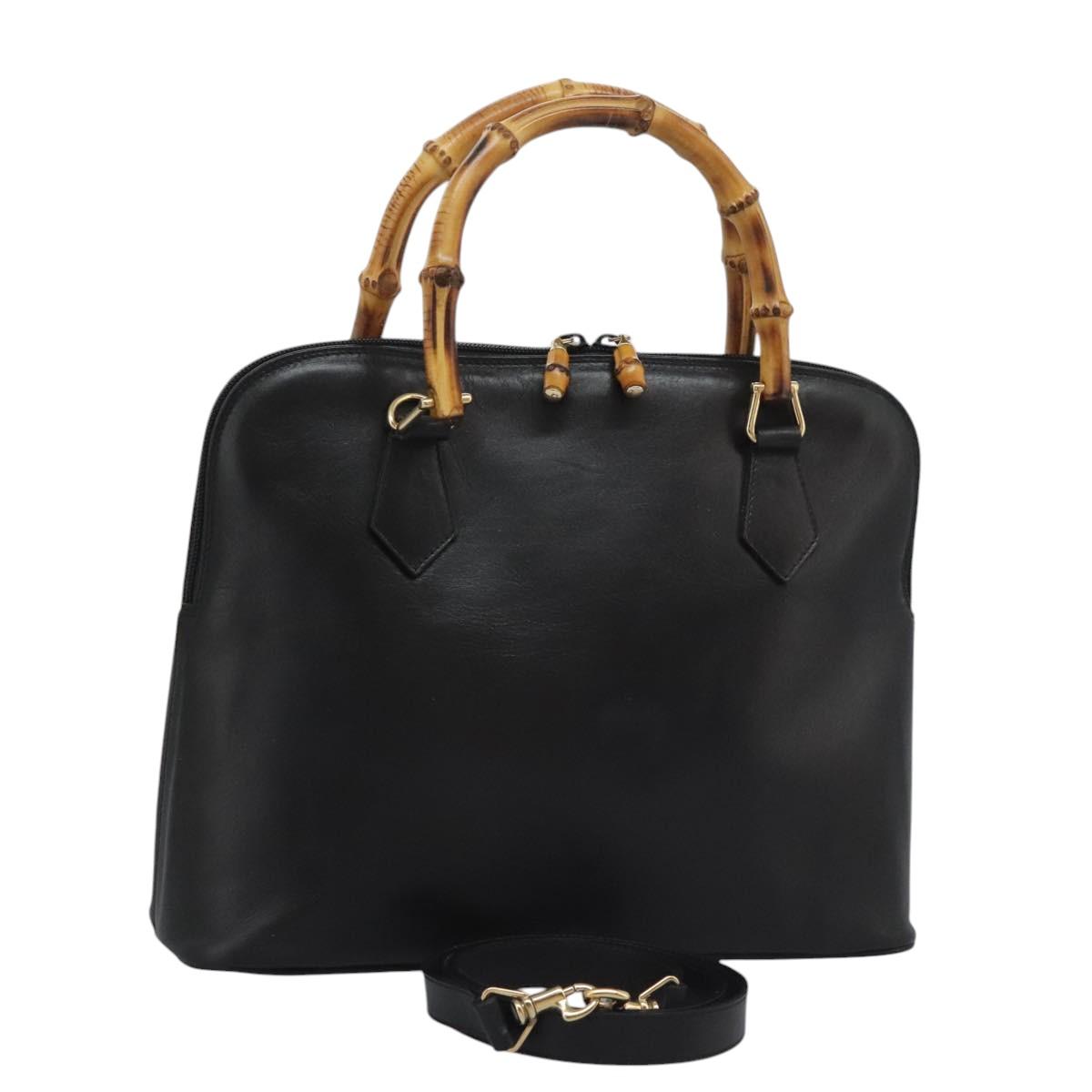 GUCCI Bamboo Hand Bag Leather 2way Black Gold 000 0289 Auth ac3600