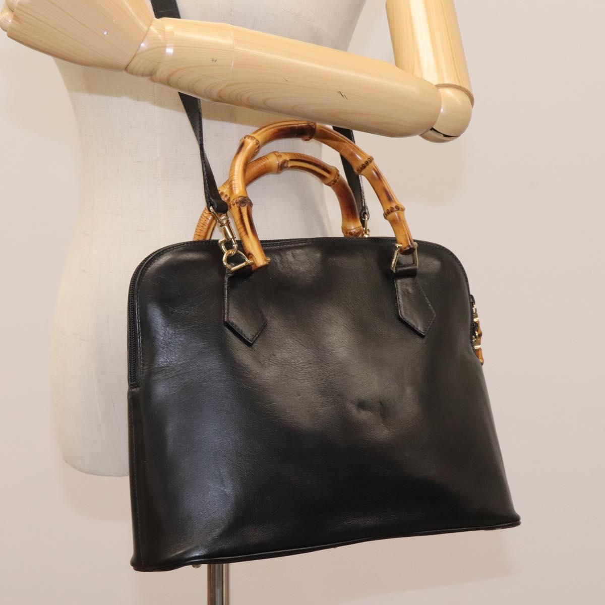 GUCCI Bamboo Hand Bag Leather 2way Black Gold 000 0289 Auth ac3600
