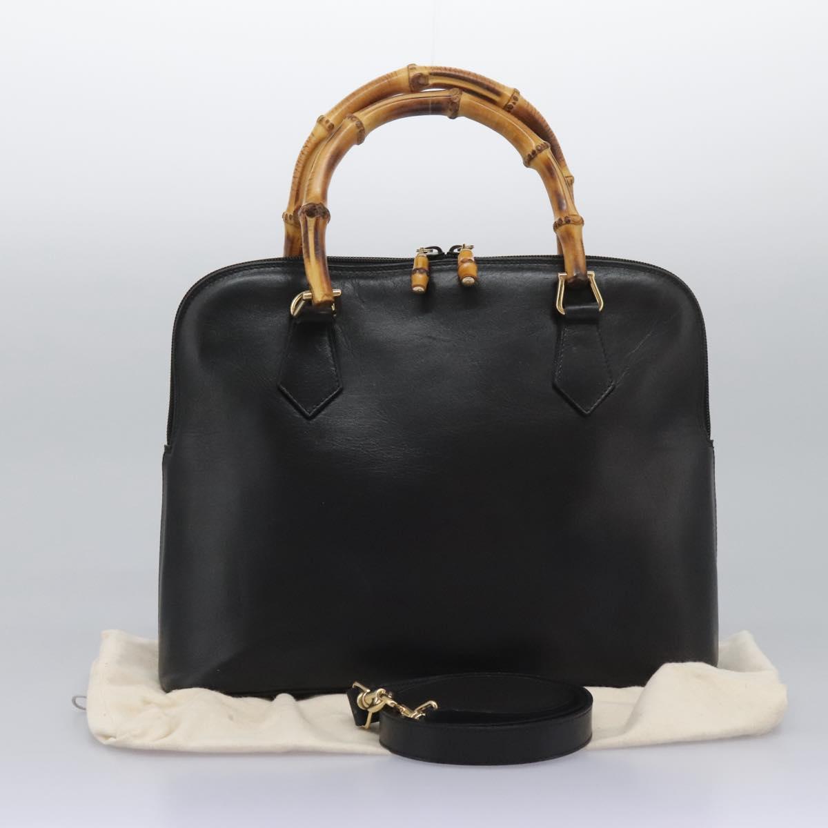 GUCCI Bamboo Hand Bag Leather 2way Black Gold 000 0289 Auth ac3600