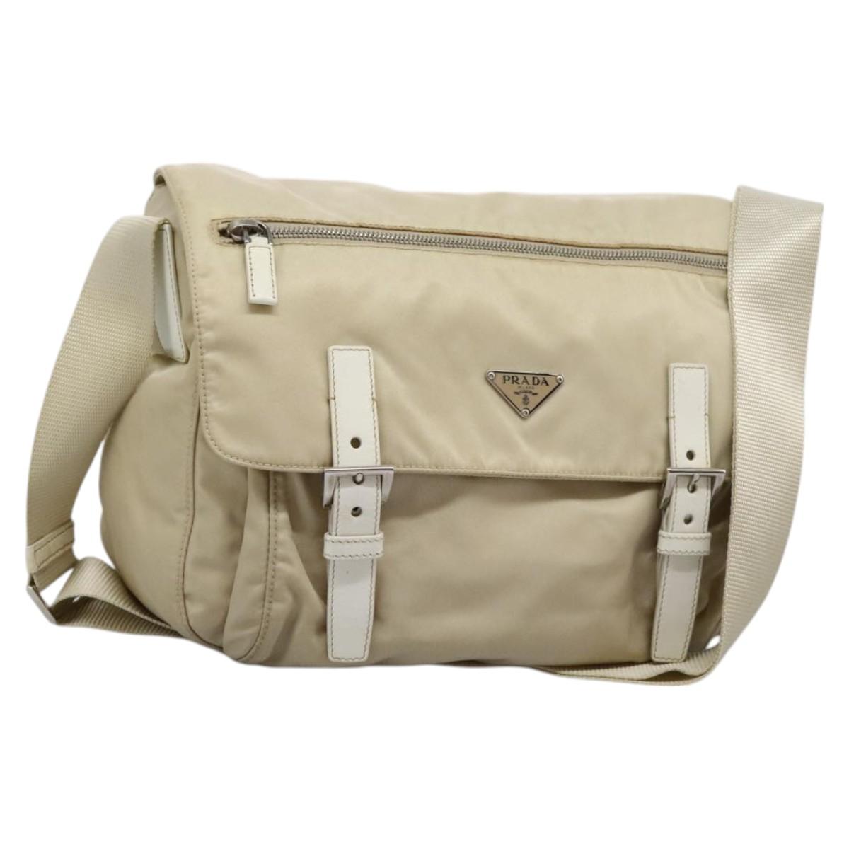 PRADA Shoulder Bag Nylon Beige Silver Auth ac3661