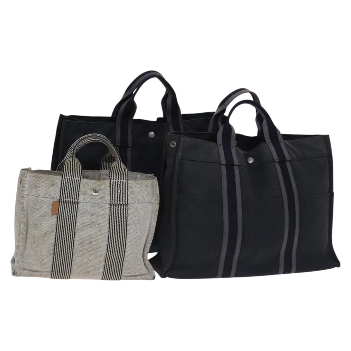 HERMES Fourre Tout Tote Bag Canvas 3Set Black Gray Auth ac3701