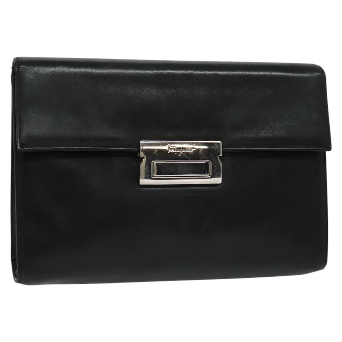 Salvatore Ferragamo Clutch Bag Leather Black Auth ac3703
