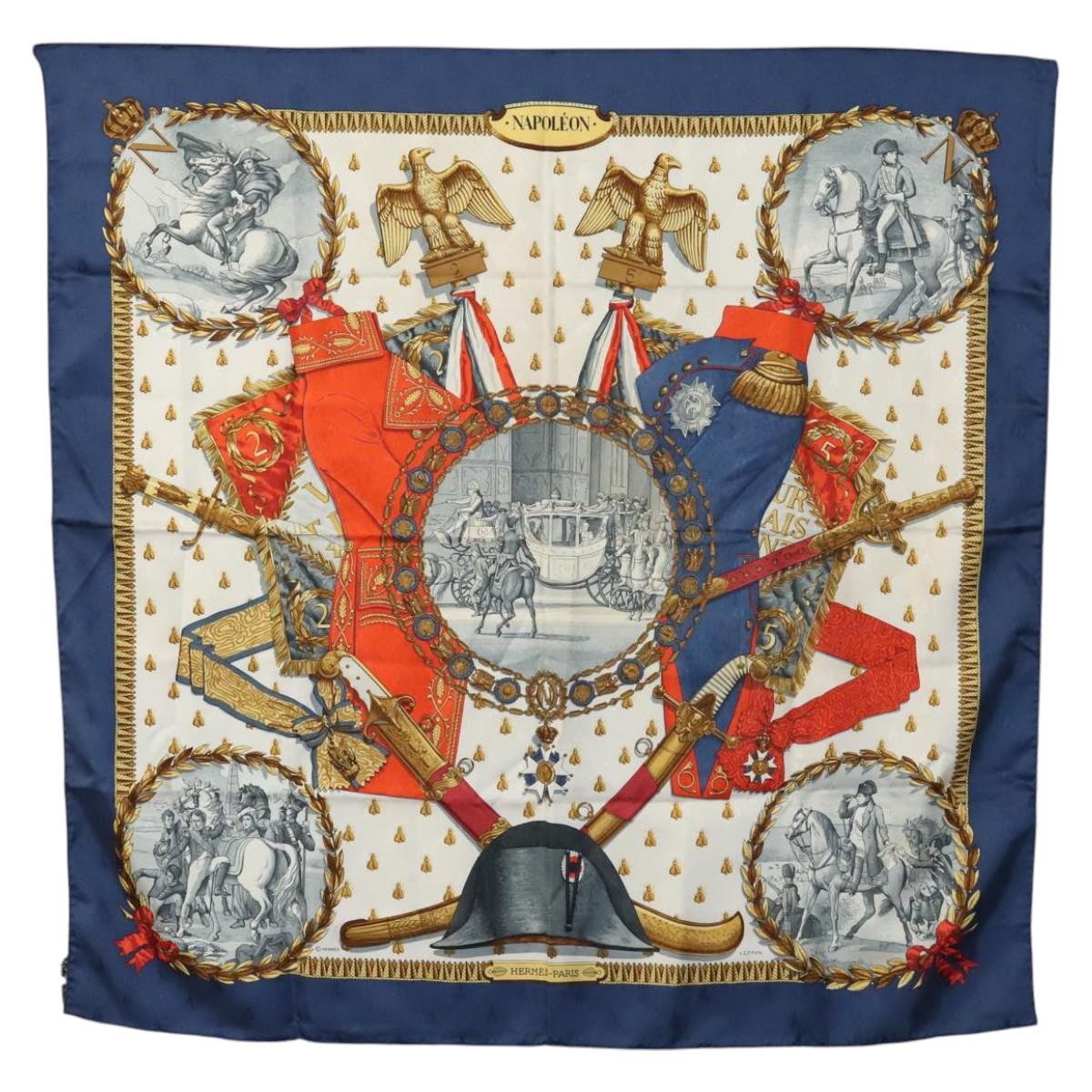 HERMES Carre 90 Scarf ""NAPOLEON"" Silk Blue Auth ac3733