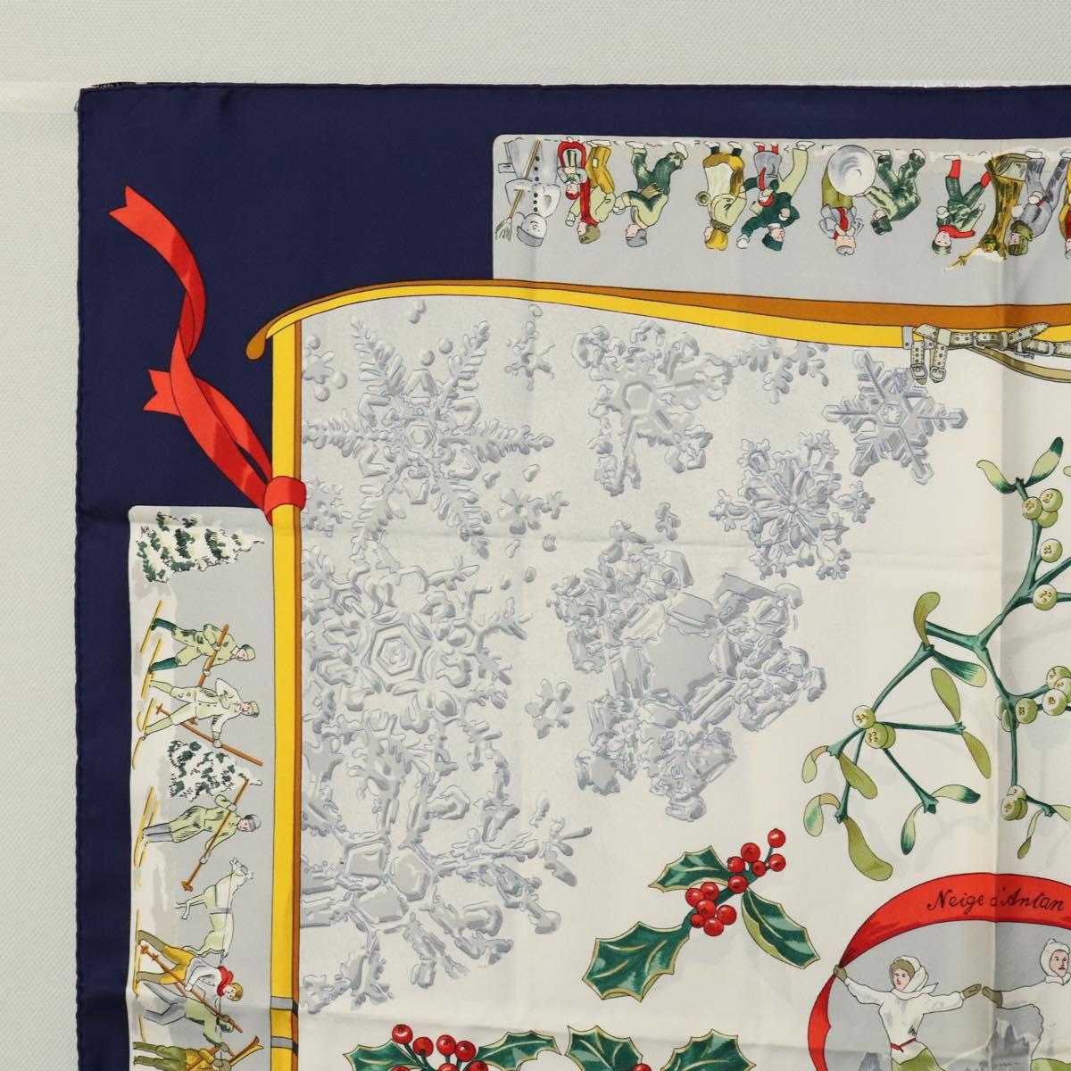 HERMES Carre 90 Scarf ""Neige d'Antan"" Silk Navy Auth ac3734