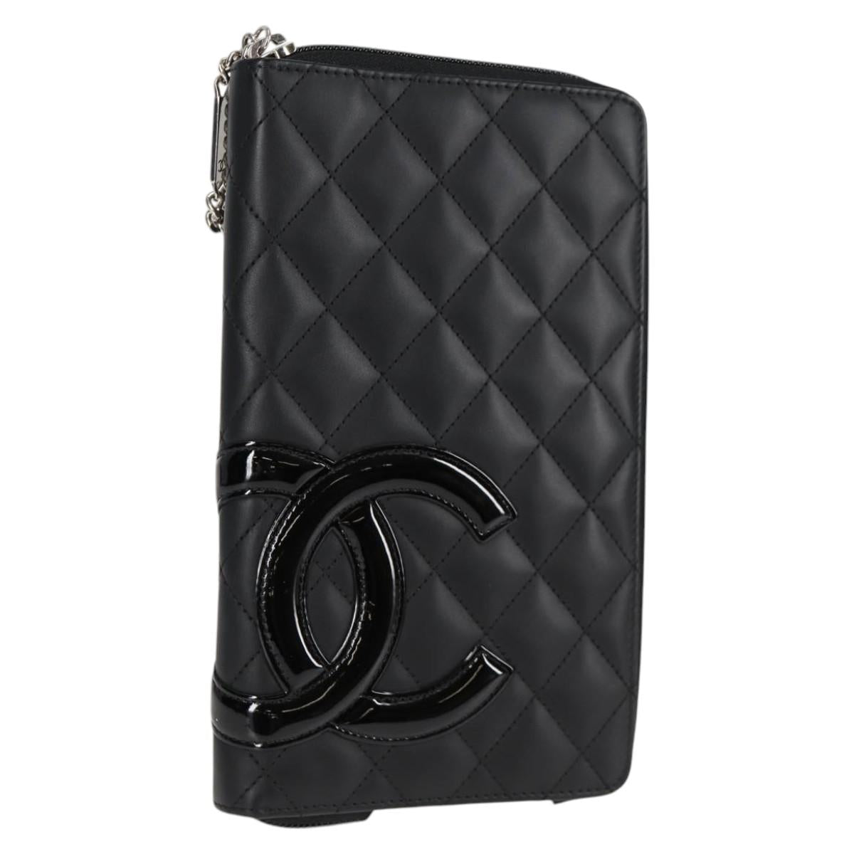 CHANEL Cambon Line Matelasse Long Wallet Calf leather Black CC Auth ac3768AM