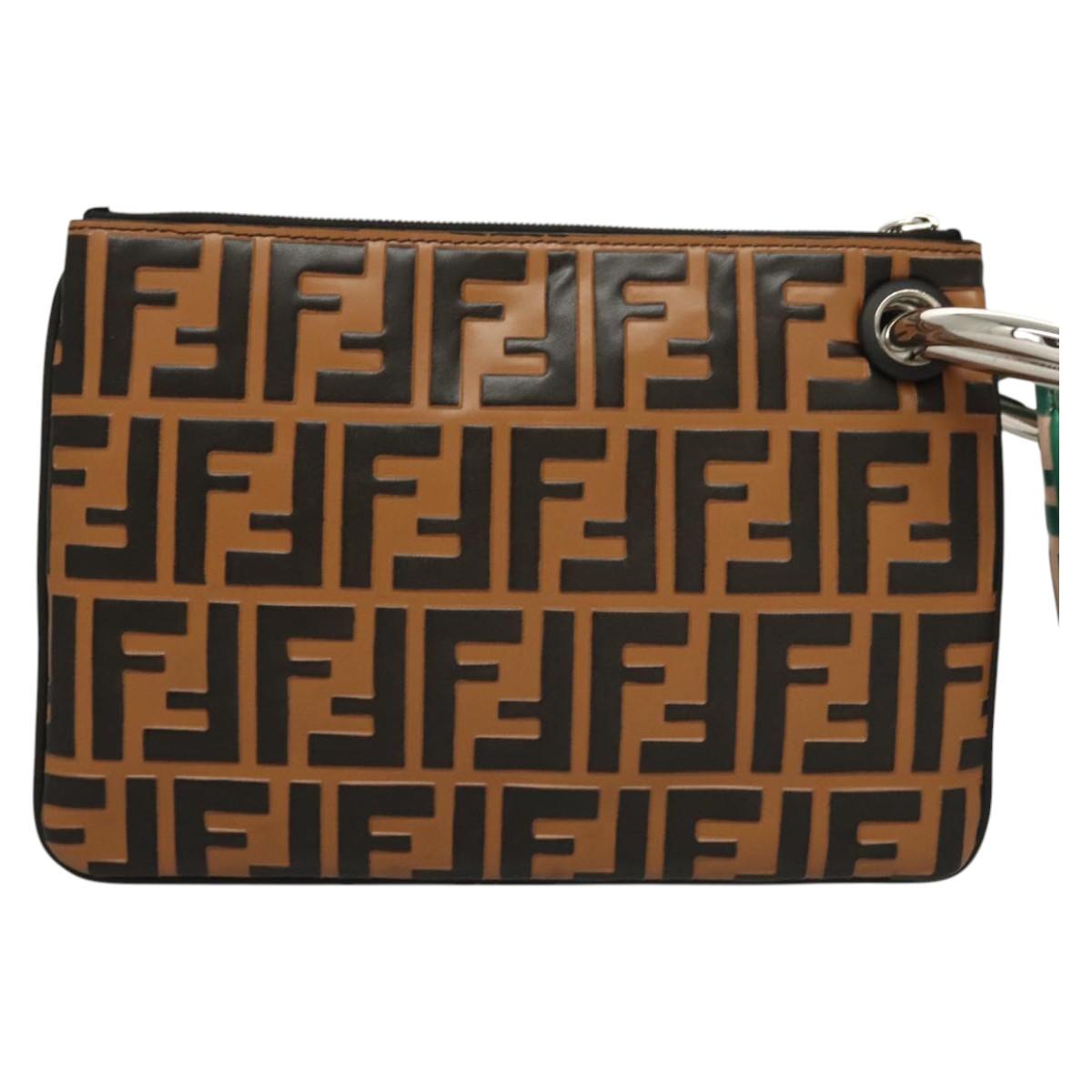 FENDI Zucca Canvas Triplet Pouch Black Brown Red Auth ac3770