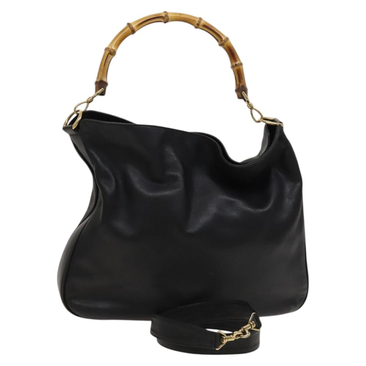 GUCCI Bamboo Hand Bag Leather 2way Black Gold 001 1781 1577 Auth ac3788
