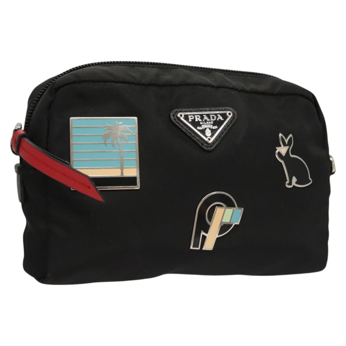 PRADA Pouch Nylon Silver Black Auth ac3814