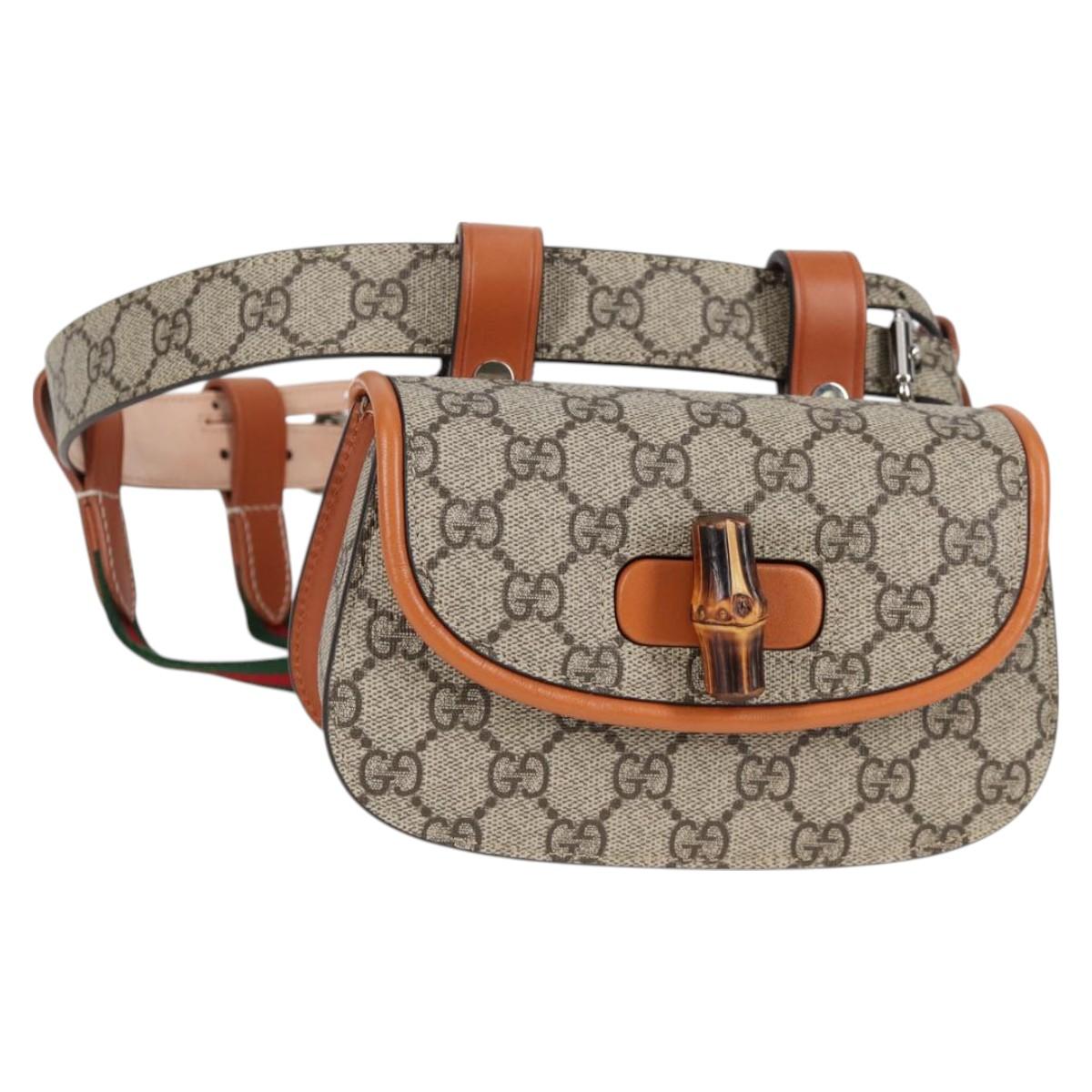 GUCCI GG Supreme Bamboo 1947 Horsebit Waist bag PVC Beige 681137 Auth ac3847M