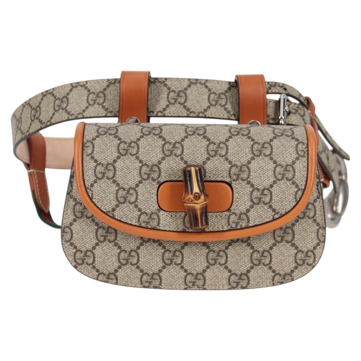 GUCCI GG Supreme Bamboo 1947 Horsebit Waist bag PVC Beige 681137 Auth ac3847M