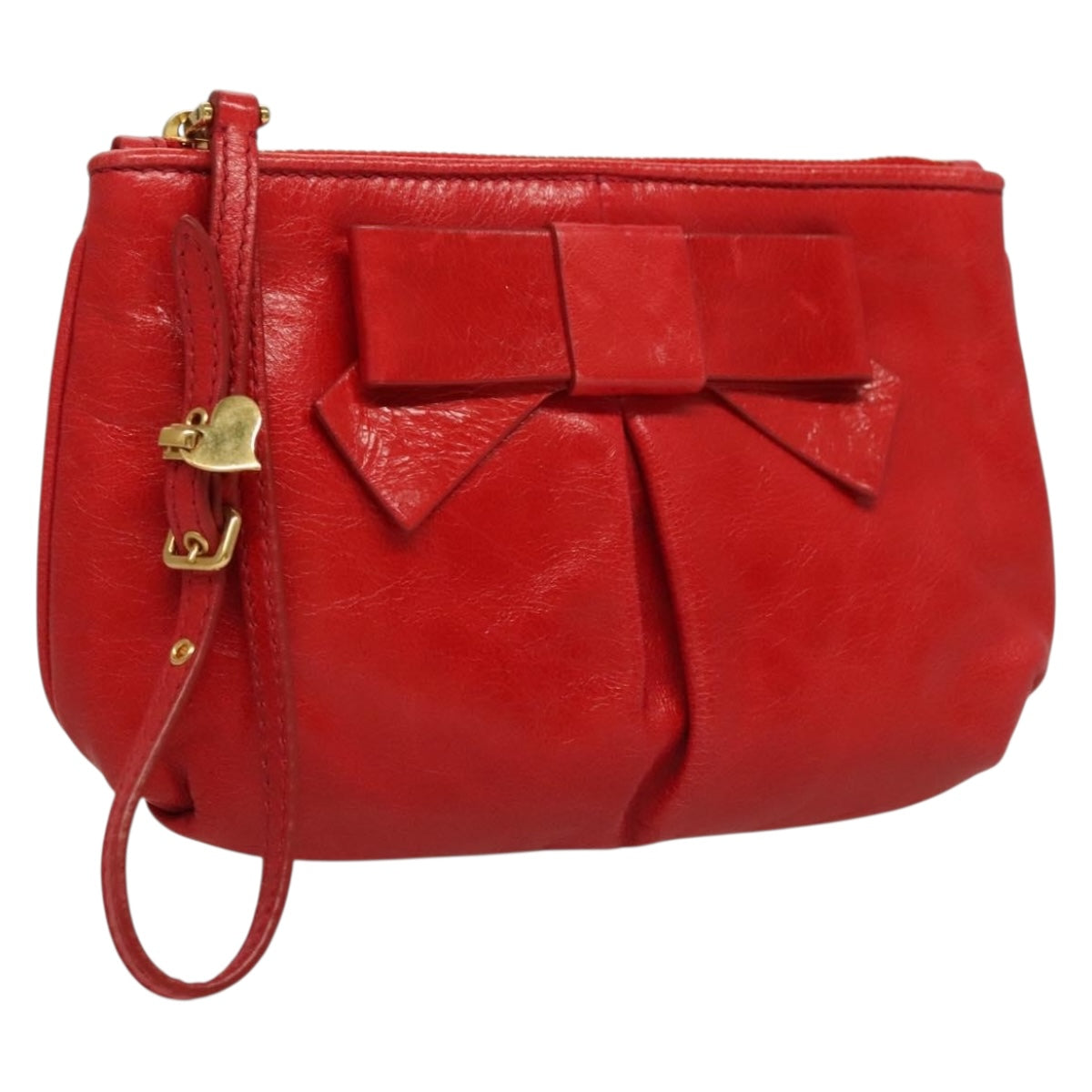 Miu Miu Accessory Pouch Leather Red Gold Auth ac3852