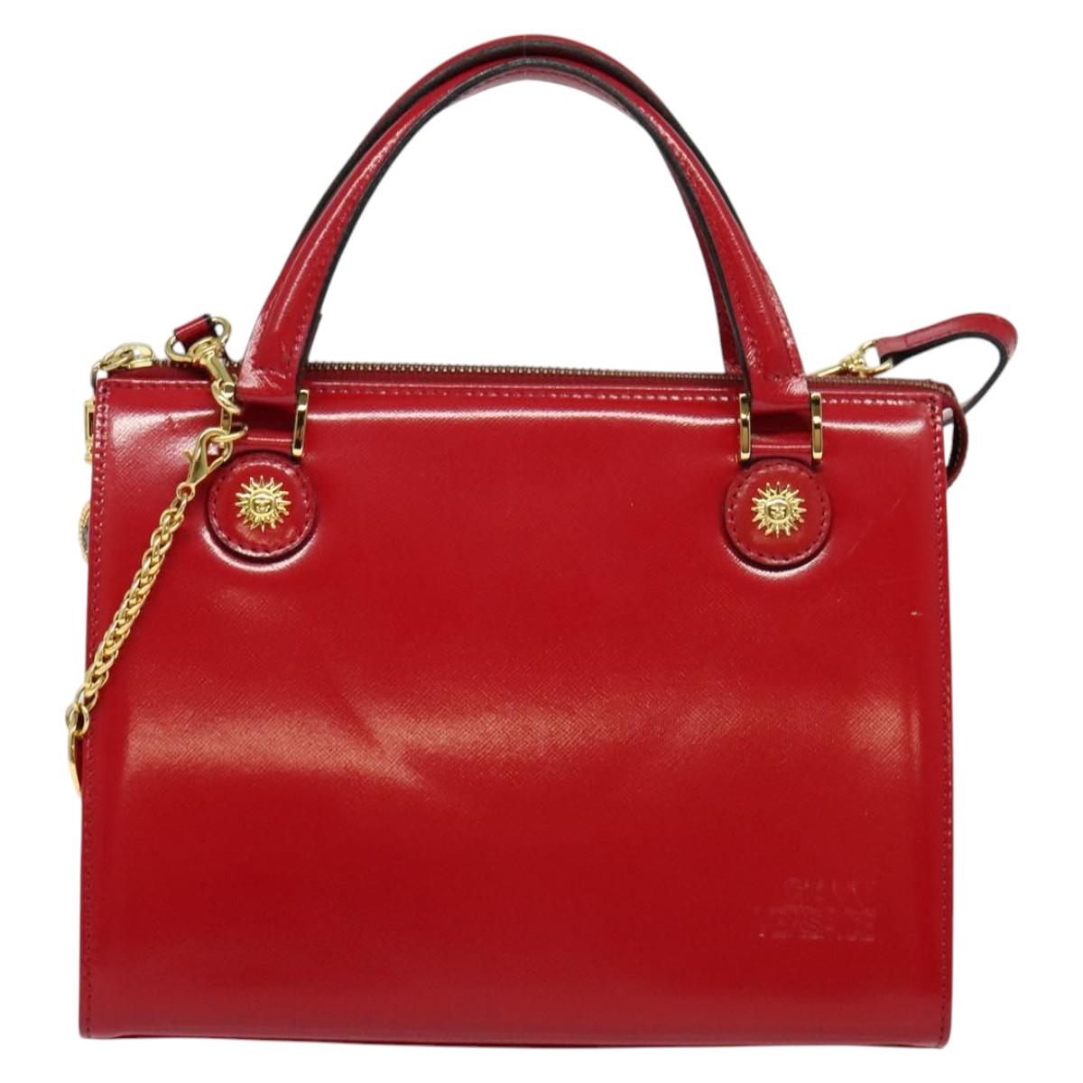 Gianni Versace Hand Bag Leather 2way Red Gold Auth ac3863