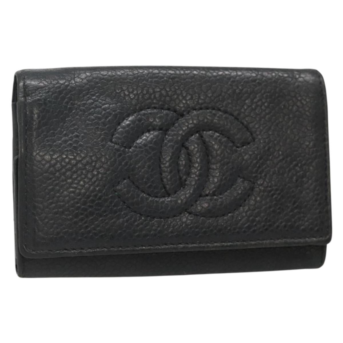 CHANEL Key Case Caviar Skin Black CC Auth ac3870