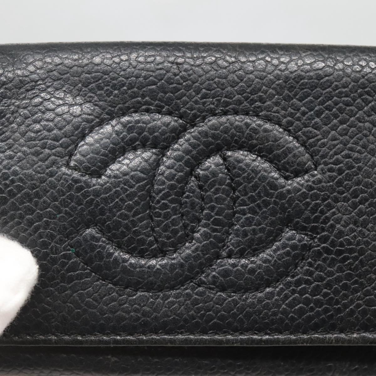 CHANEL Key Case Caviar Skin Black CC Auth ac3870