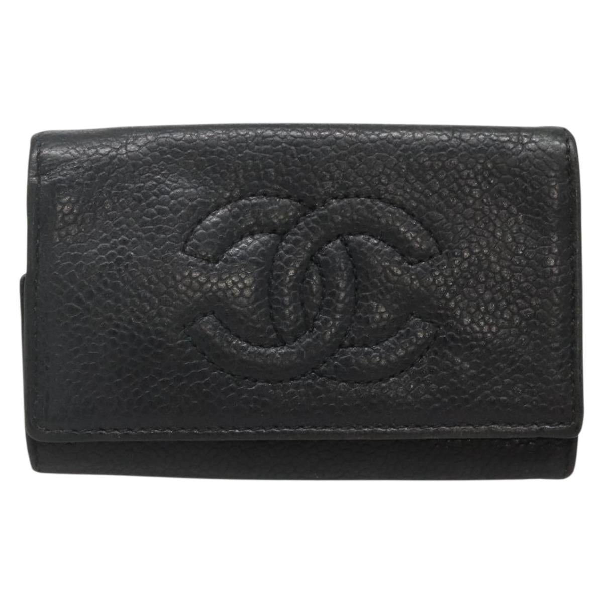 CHANEL Key Case Caviar Skin Black CC Auth ac3870
