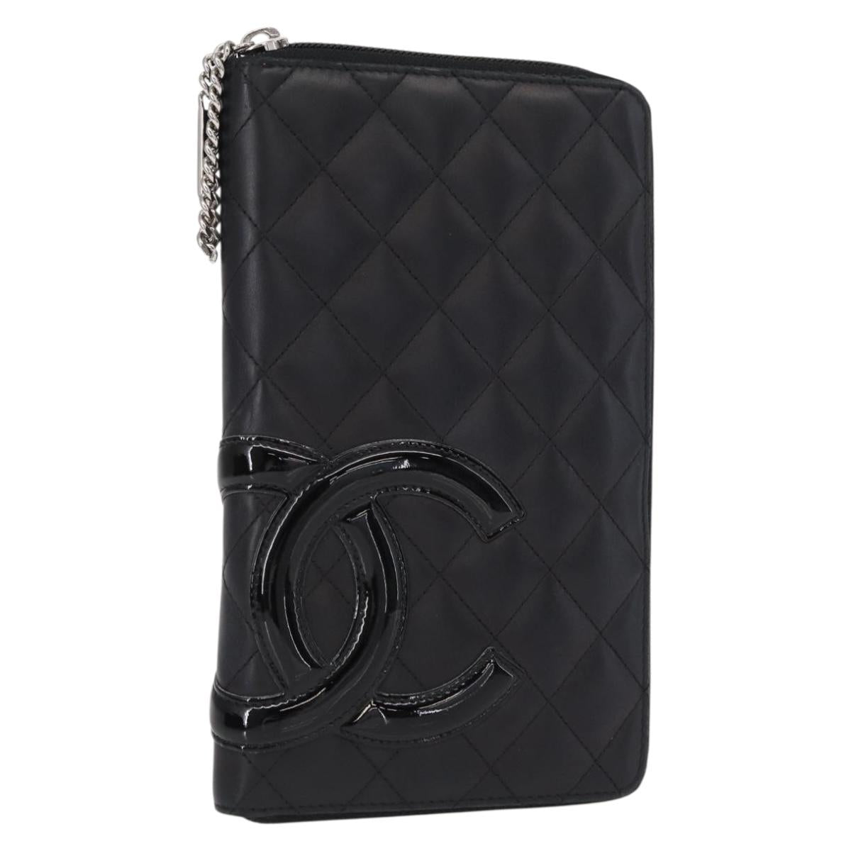 CHANEL Cambon Line Long Wallet Calf Skin Black Silver CC Auth ac3882