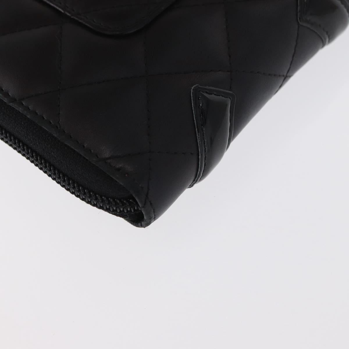 CHANEL Cambon Line Long Wallet Calf Skin Black Silver CC Auth ac3882