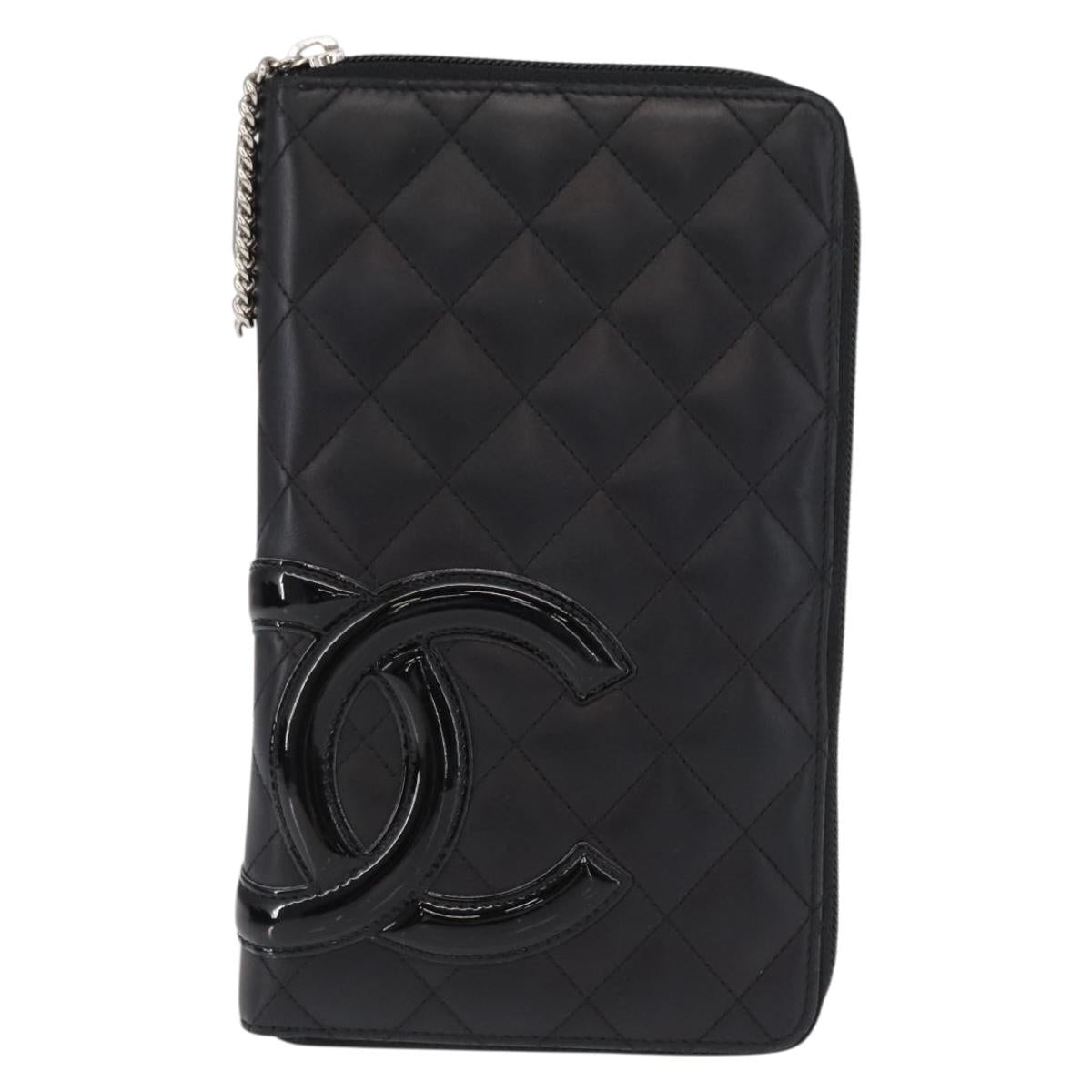 CHANEL Cambon Line Long Wallet Calf Skin Black Silver CC Auth ac3882