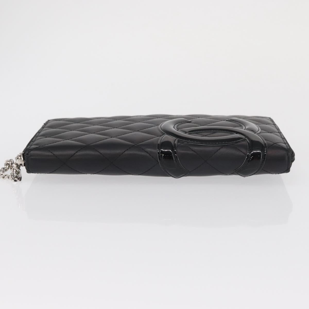 CHANEL Cambon Line Long Wallet Calf Skin Black Silver CC Auth ac3882