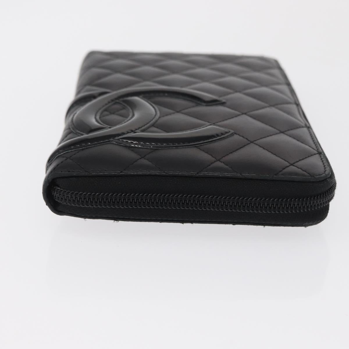 CHANEL Cambon Line Long Wallet Calf Skin Black Silver CC Auth ac3882