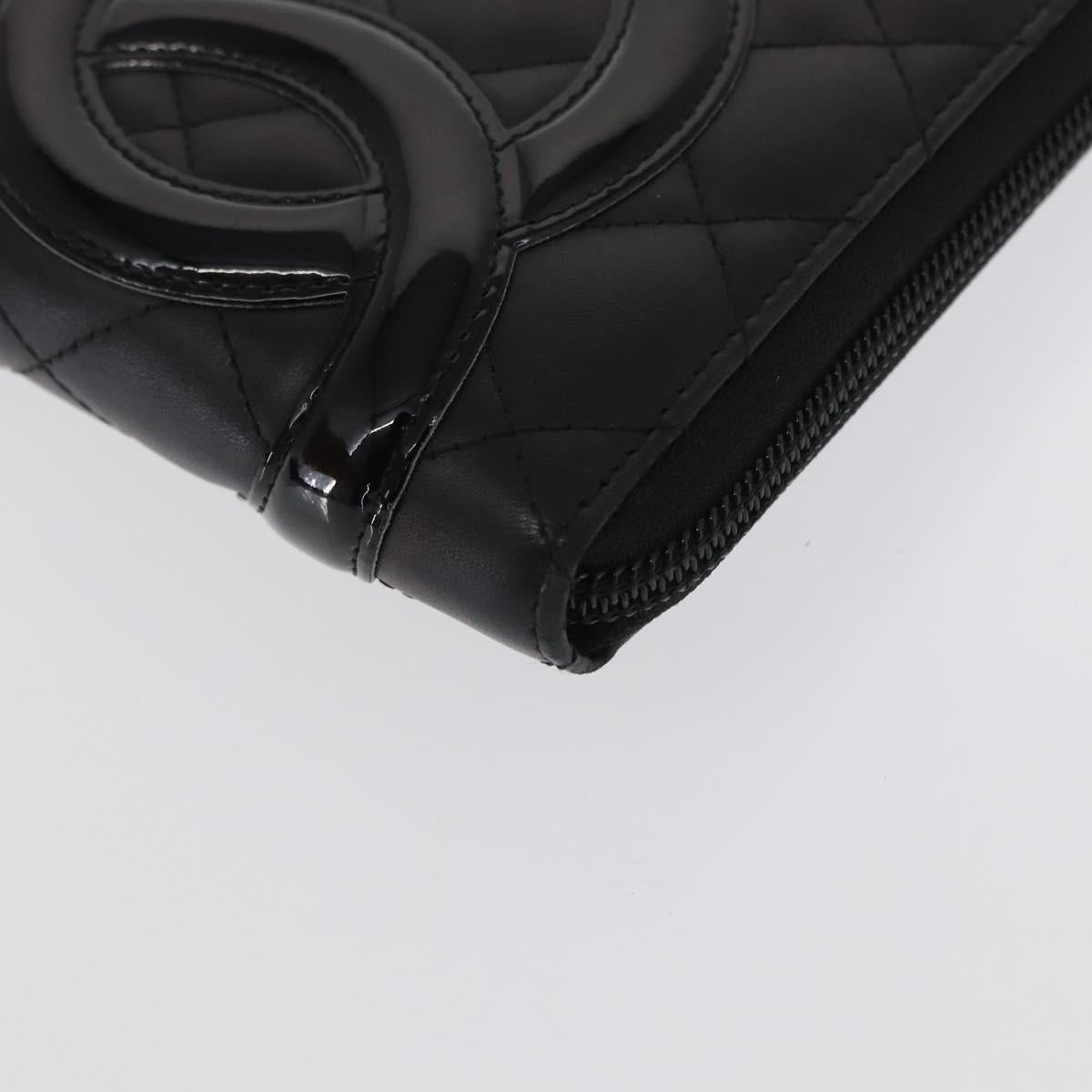 CHANEL Cambon Line Long Wallet Calf Skin Black Silver CC Auth ac3882