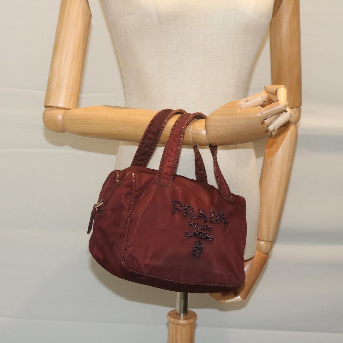 PRADA Hand Bag Nylon Wine Red Auth ai694