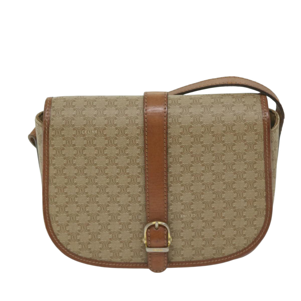 CELINE Macadam Canvas Shoulder Bag Beige Auth ai726