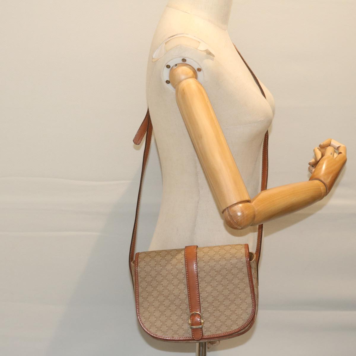 CELINE Macadam Canvas Shoulder Bag Beige Auth ai726