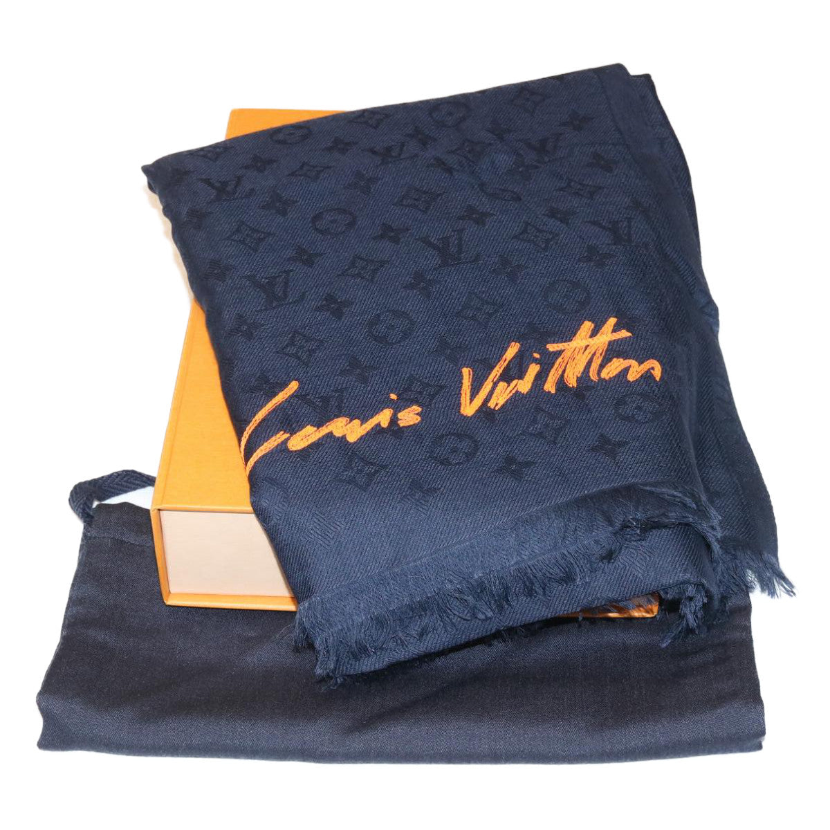 LOUIS VUITTON Monogram Signature VIP Shawl Silk Cashmere Navy LV Auth ak174A