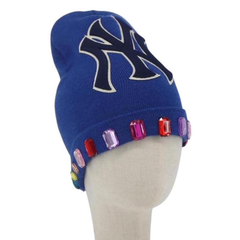 GUCCI NY Knitted Fabrics Hat Wool Blue Auth am10088V