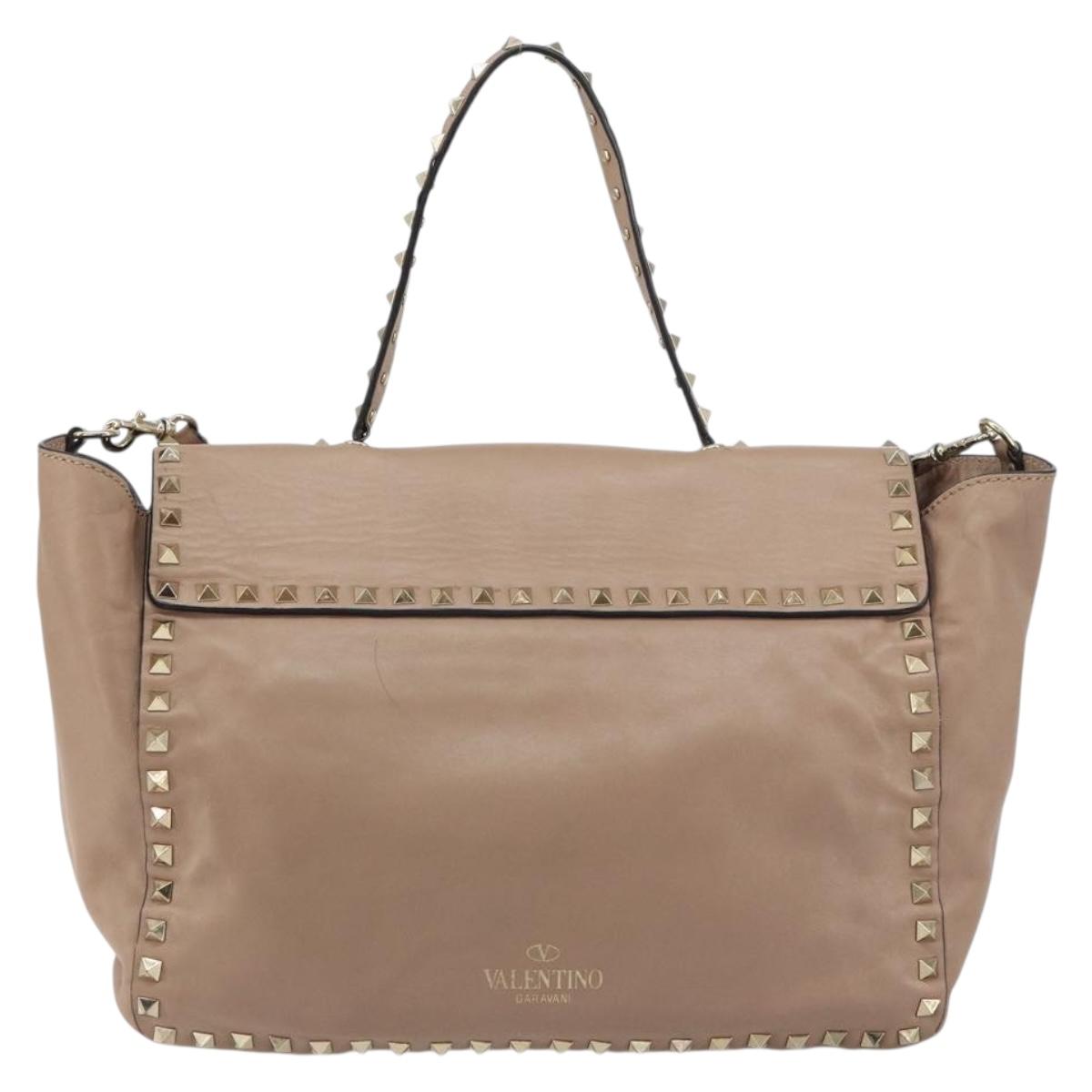 VALENTINO Studs Tote Bag Leather 2way Beige Gold Auth am10102