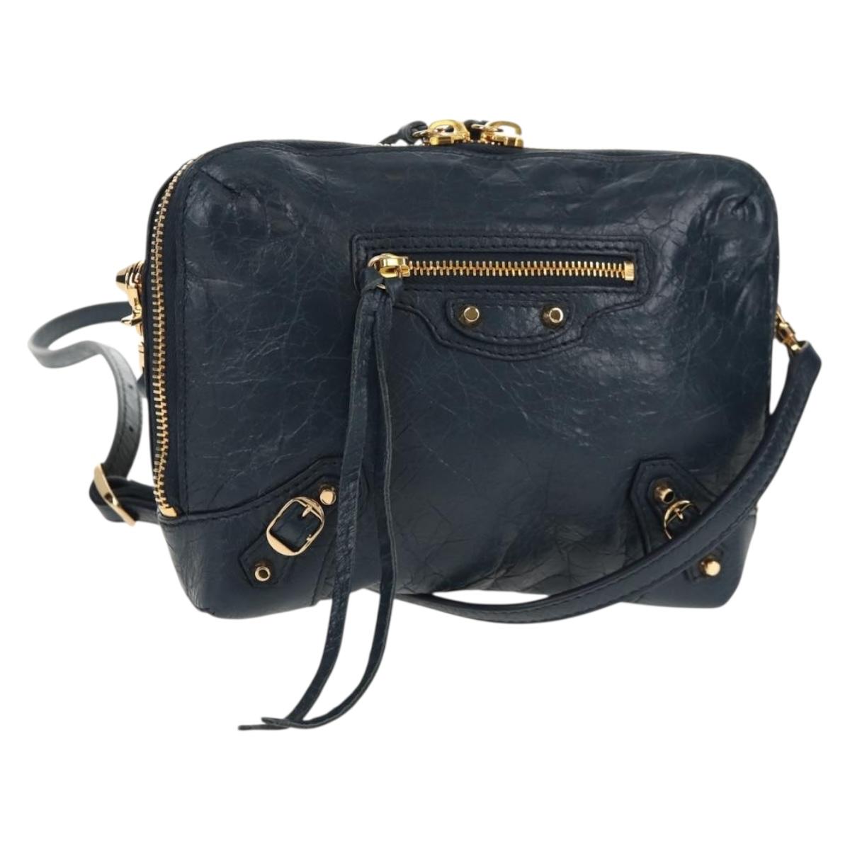 BALENCIAGA Classic Reporter Shoulder Bag Leather Navy Gold 488795 Auth am10138V
