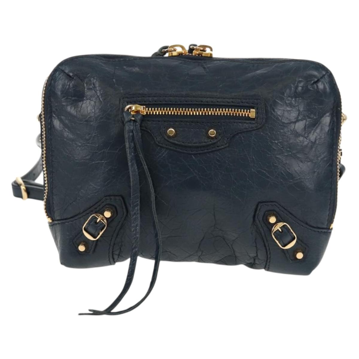 BALENCIAGA Classic Reporter Shoulder Bag Leather Navy Gold 488795 Auth am10138V