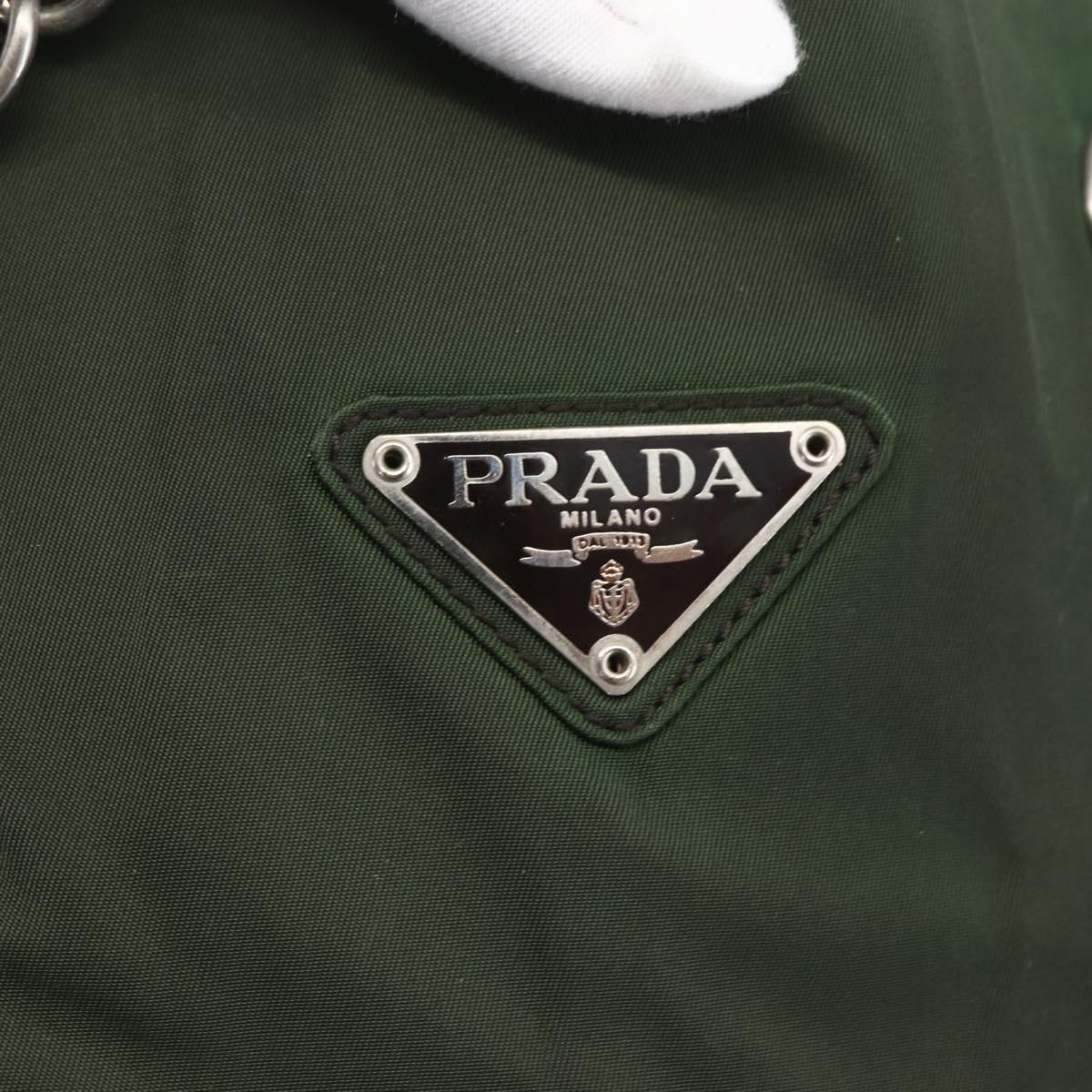 PRADA Chain Tote Bag Nylon Khaki Silver Auth am10142