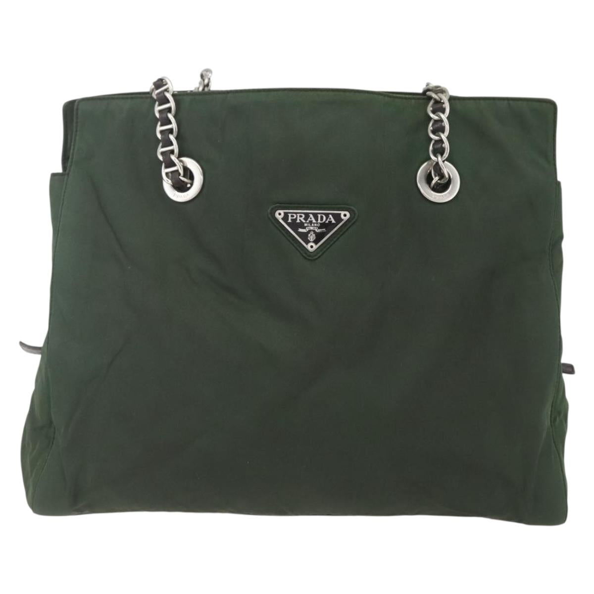 PRADA Chain Tote Bag Nylon Khaki Silver Auth am10142