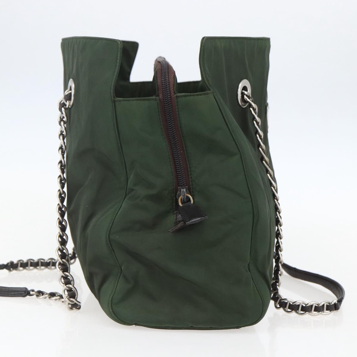 PRADA Chain Tote Bag Nylon Khaki Silver Auth am10142
