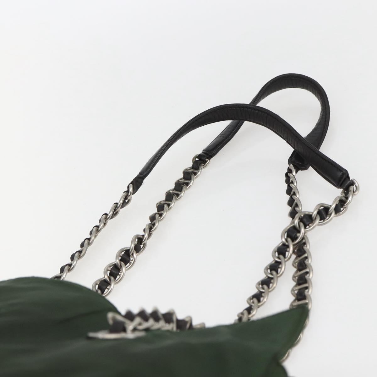 PRADA Chain Tote Bag Nylon Khaki Silver Auth am10142