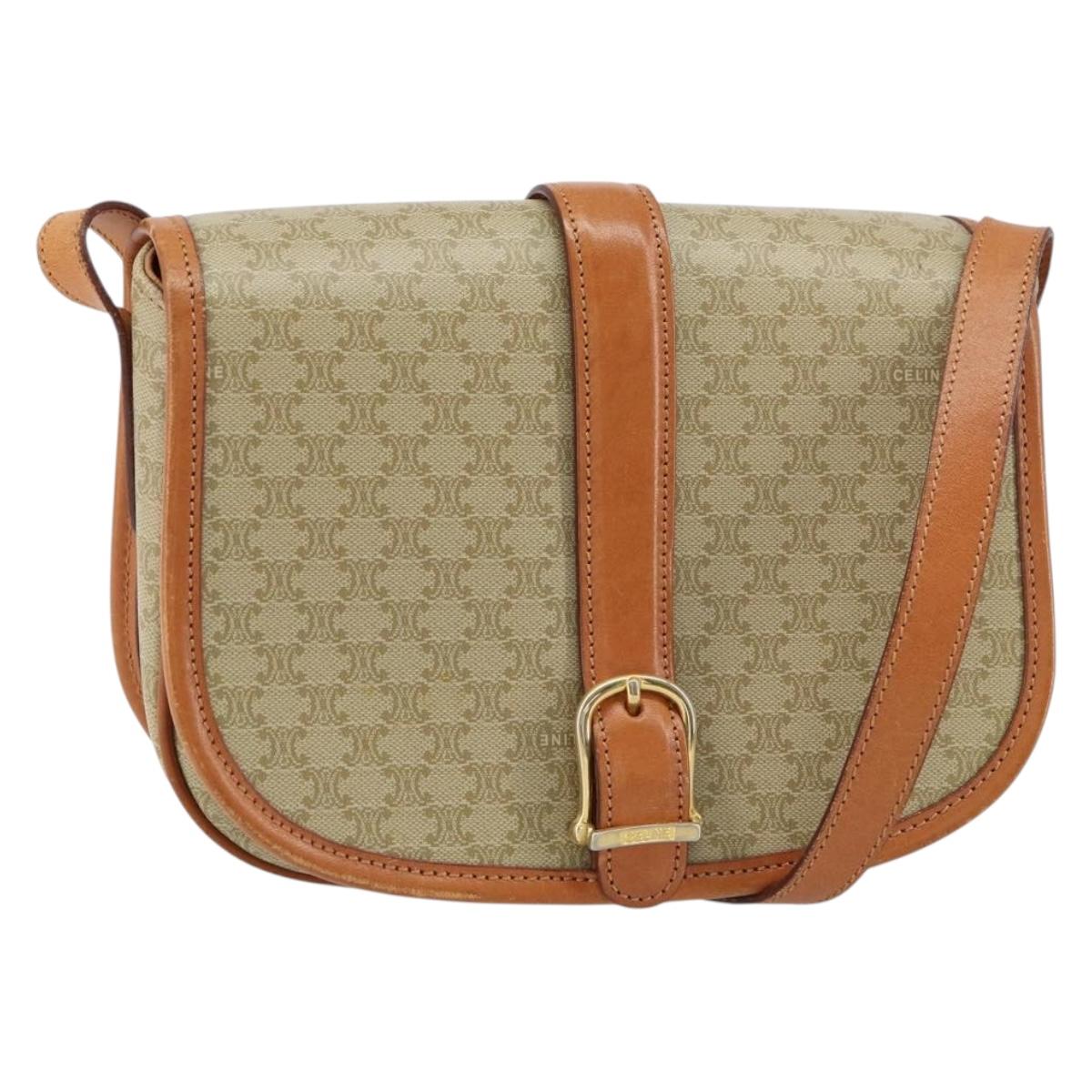 CELINE Macadam Canvas Shoulder Bag PVC Beige Gold Auth am10146