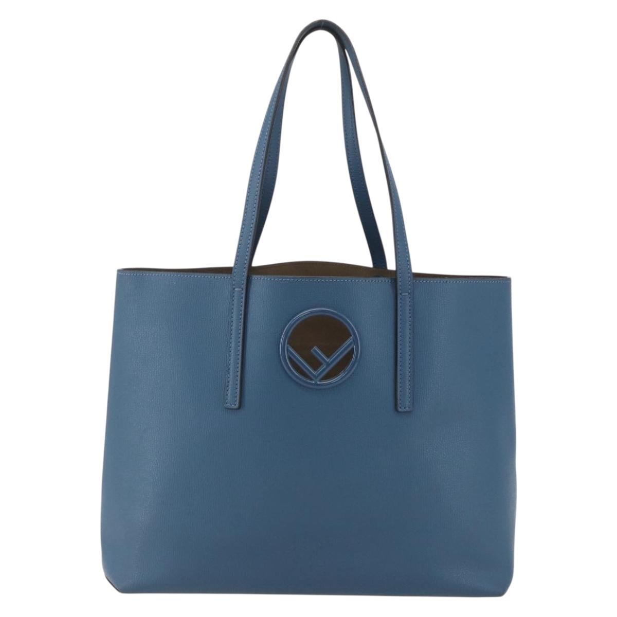 FENDI F Logo Tote Bag Leather Blue Auth am10162