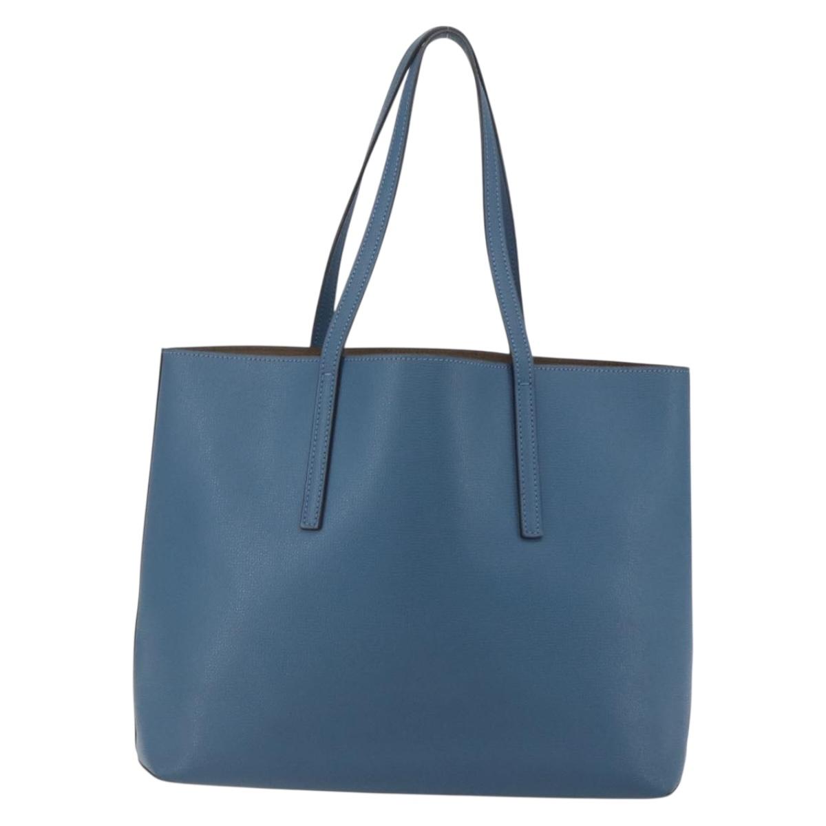 FENDI F Logo Tote Bag Leather Blue Auth am10162