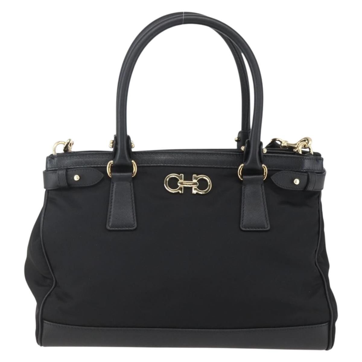 Salvatore Ferragamo Gancini Hand Bag Nylon Leather 2way Black Gold Auth am10197V